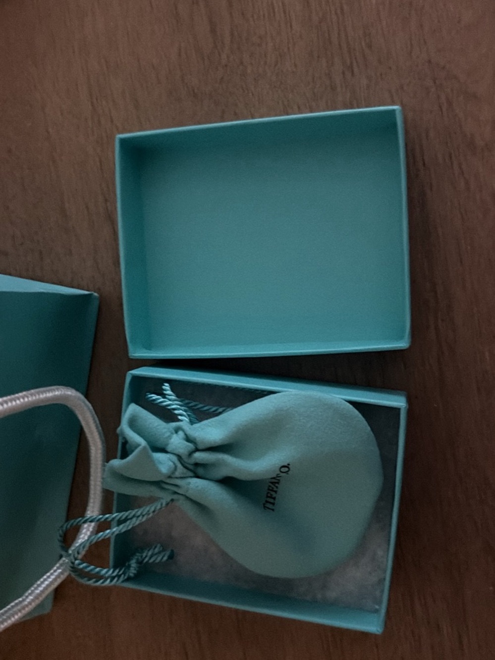 Tiffany & Co. robin's-egg blue jewelry box with drawstring pouch